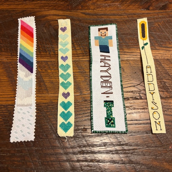 4 Handmade Cross Stitched Bookmarks:  Rainbow, Hearts, Hayden and Addyson - Picture 8 of 8